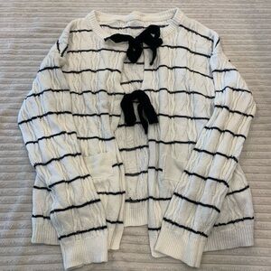 Black and White Striped Cardigan Sweater with Bow Details